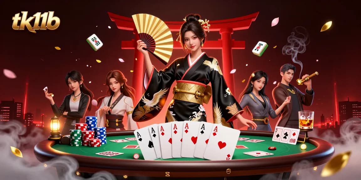 Engage in thrilling casino games at tk11b, showcasing poker elements and a stunning Asian model.