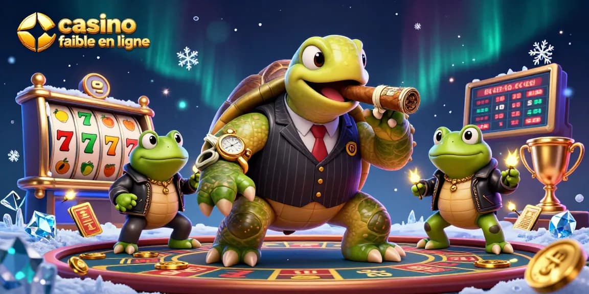 Illustration représentant une scène dynamique d'un casino fiable en ligne avec une tortue en costume, des grenouilles et des éléments de jeu.