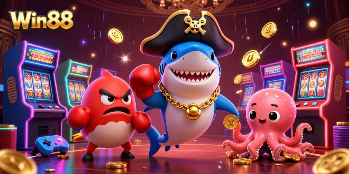 Win88 casino scene with a pirate shark, boxing pufferfish, and octopus holding coins.