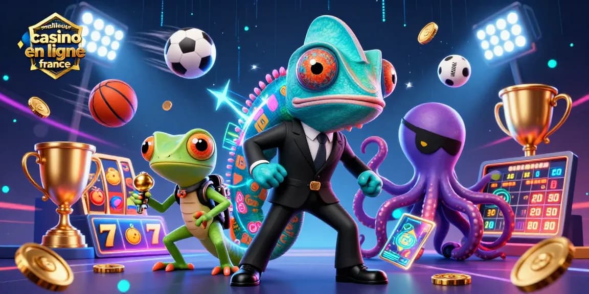 Image animée captivante représentant le meilleur casino en ligne en France avec un agent caméléon, un gecko et un poulpe.