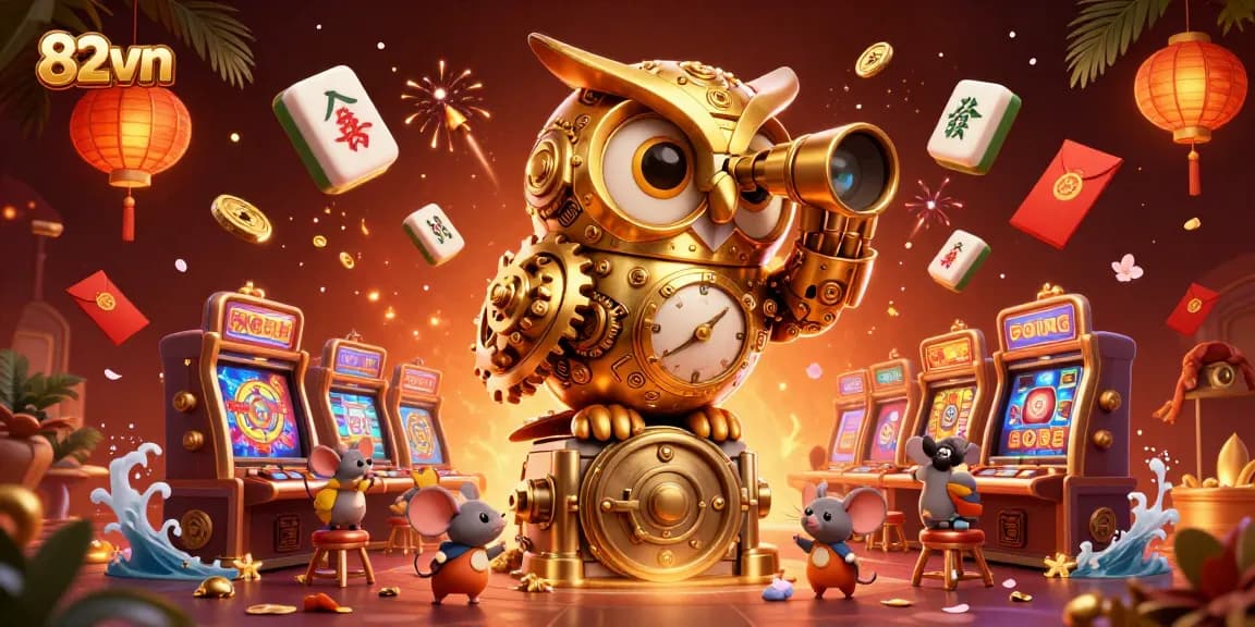 Win big at 82vn with an engaging casino scene featuring cute characters and vibrant slot machines.