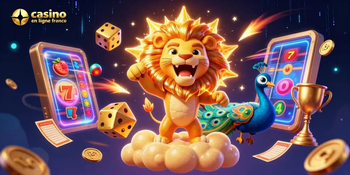 Casino en ligne France : découvrez un lion majestueux et des machines à sous scintillantes en pleine action.
