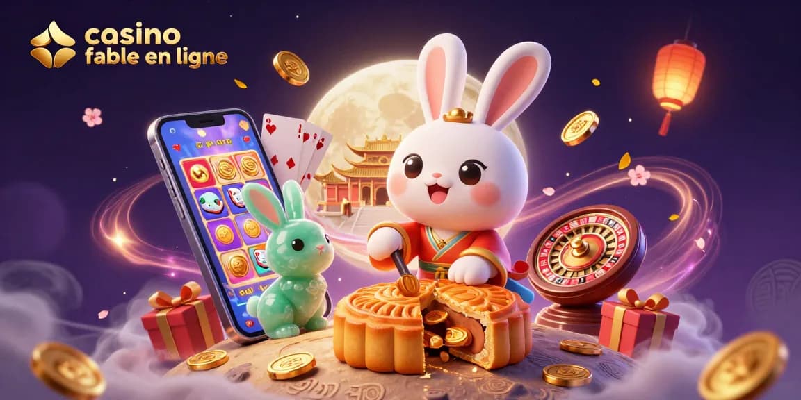 Plongez dans l'univers du casino fiable en ligne avec un lapin lunaire entouré de symboles de jeu.
