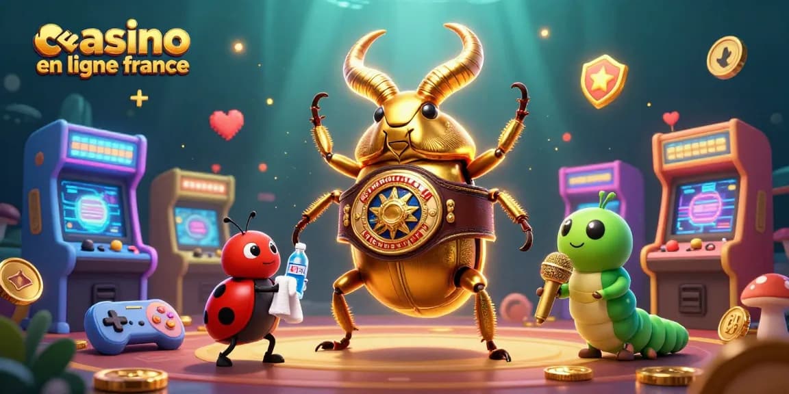 Une scène dynamique illustrant le casino en ligne France avec un scarabée doré et un homme de coin.