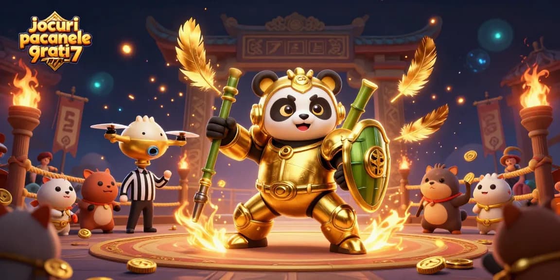 Joacă jocuri pacanele gratis 77777 în arena captivantă cu panda de aur și robot ghidat, plină de simboluri norocoase.