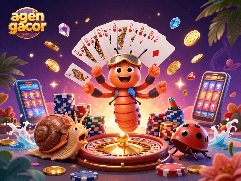 Experience the excitement of agen gacor with a vibrant 3D casino scene full of action, dealers, and chips.