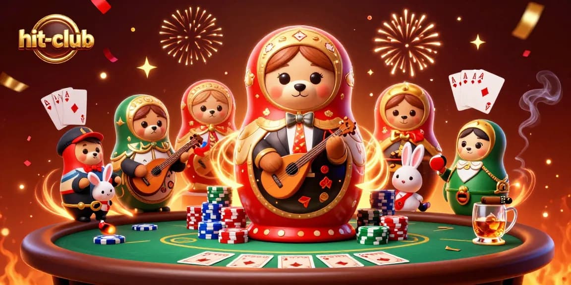 Experience the thrill of hit-club with 3D Matryoshka bears and poker action highlights.