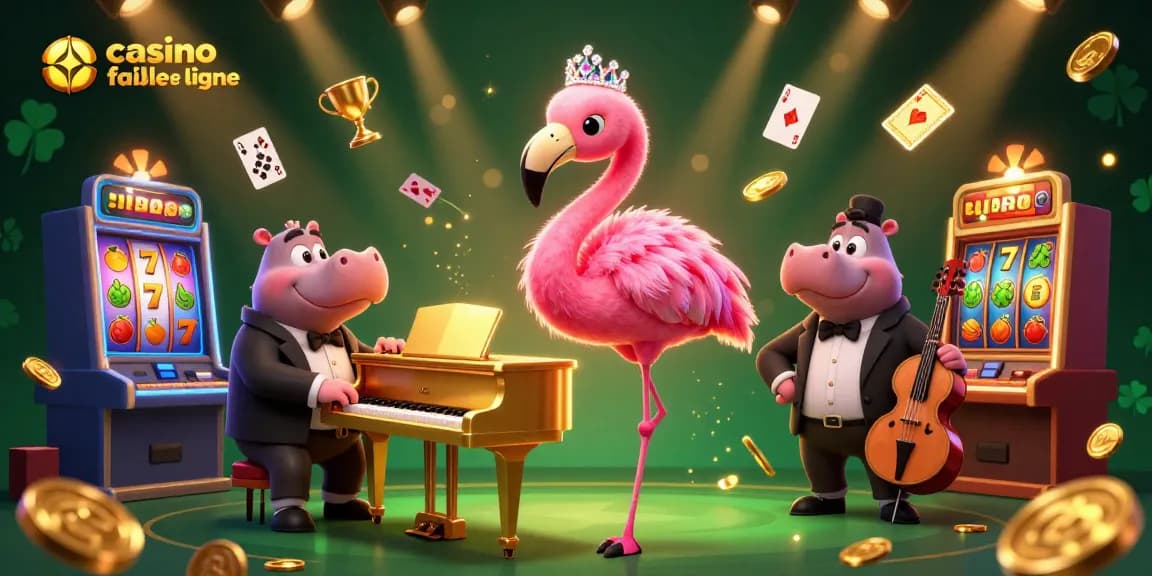 Casino fiable en ligne : explorez une scène dynamique avec des flambeaux, des machines à sous et des personnages festifs.
