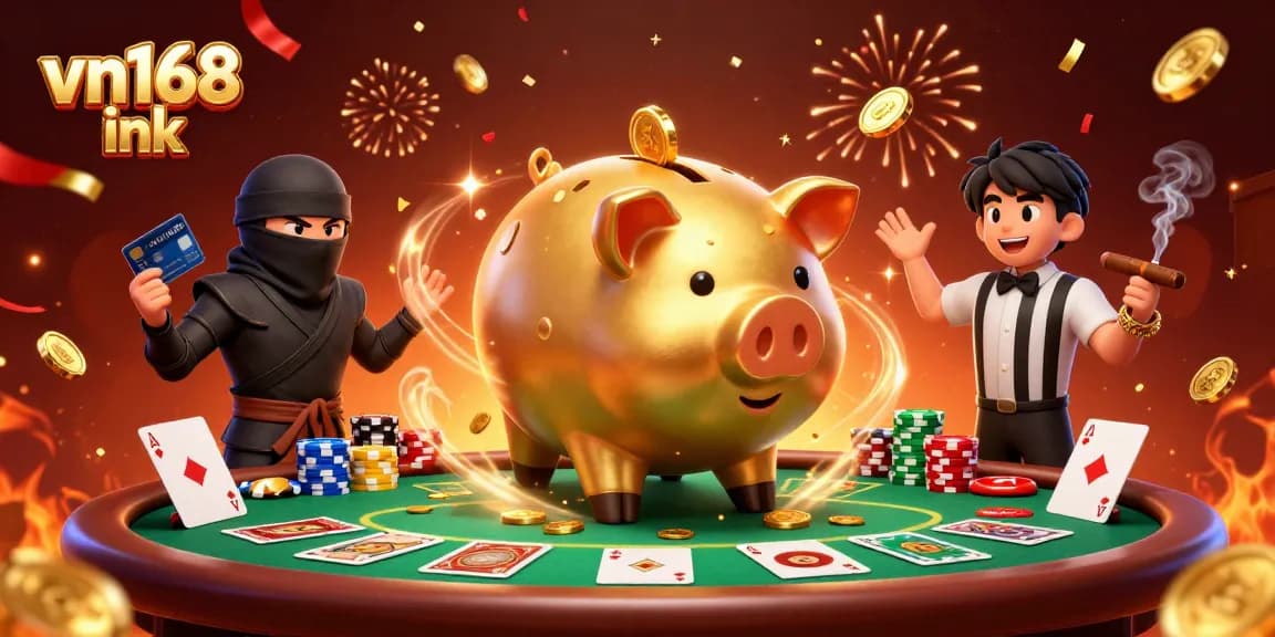 Win big with vn168 ink as playful cartoon characters engage in a lively casino atmosphere with poker elements.