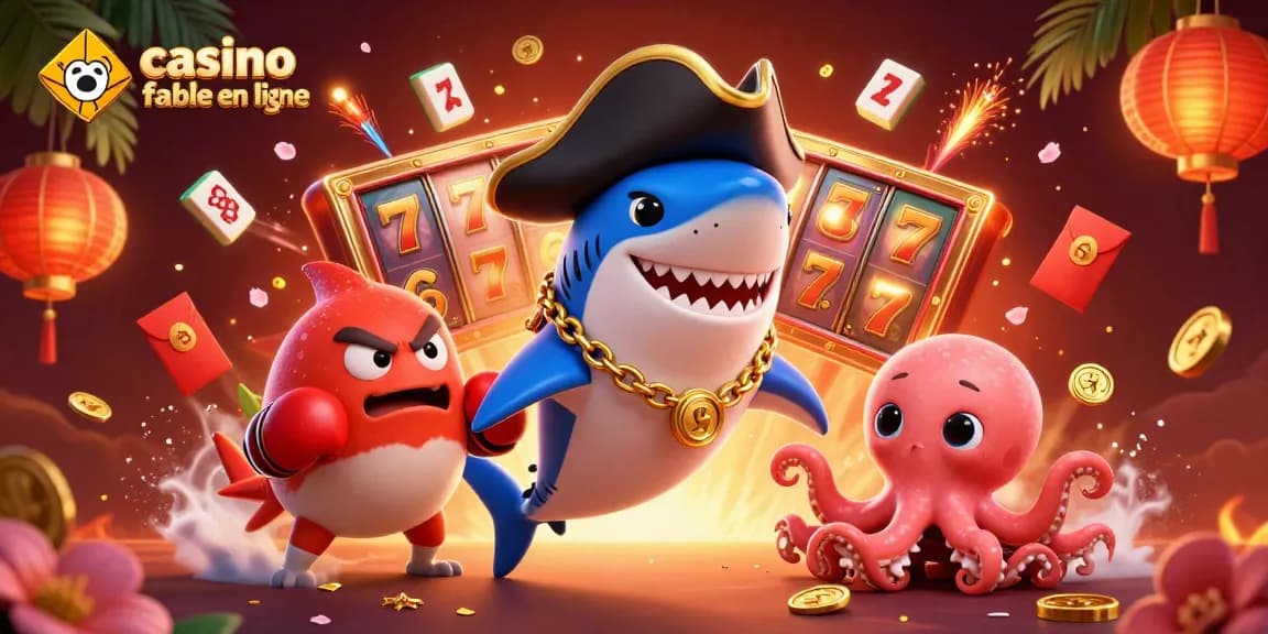 Casino fiable en ligne : animation dynamique avec requin pirate et jeux de machines à sous colorées.