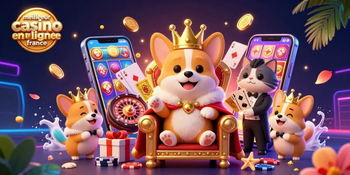 Profitez du meilleur casino en ligne France avec un corgi royal entouré d'équipements de jeu dynamiques.
