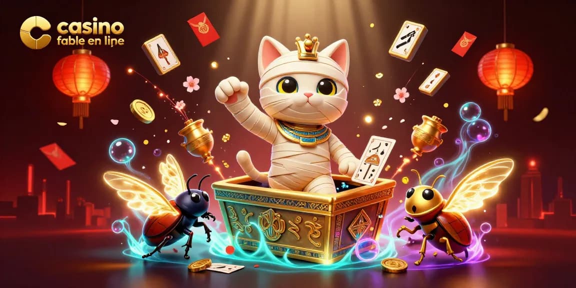 La scène captivante d'un casino fiable en ligne avec un chat momie égyptien, des éléments de jeu et des lanternes.