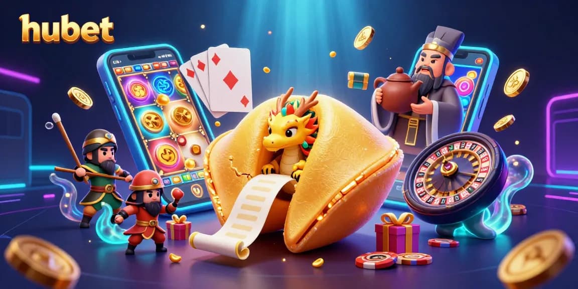 Engage with hubet's vibrant casino adventure featuring a gold cookie, dragon, and dynamic gaming scenes.