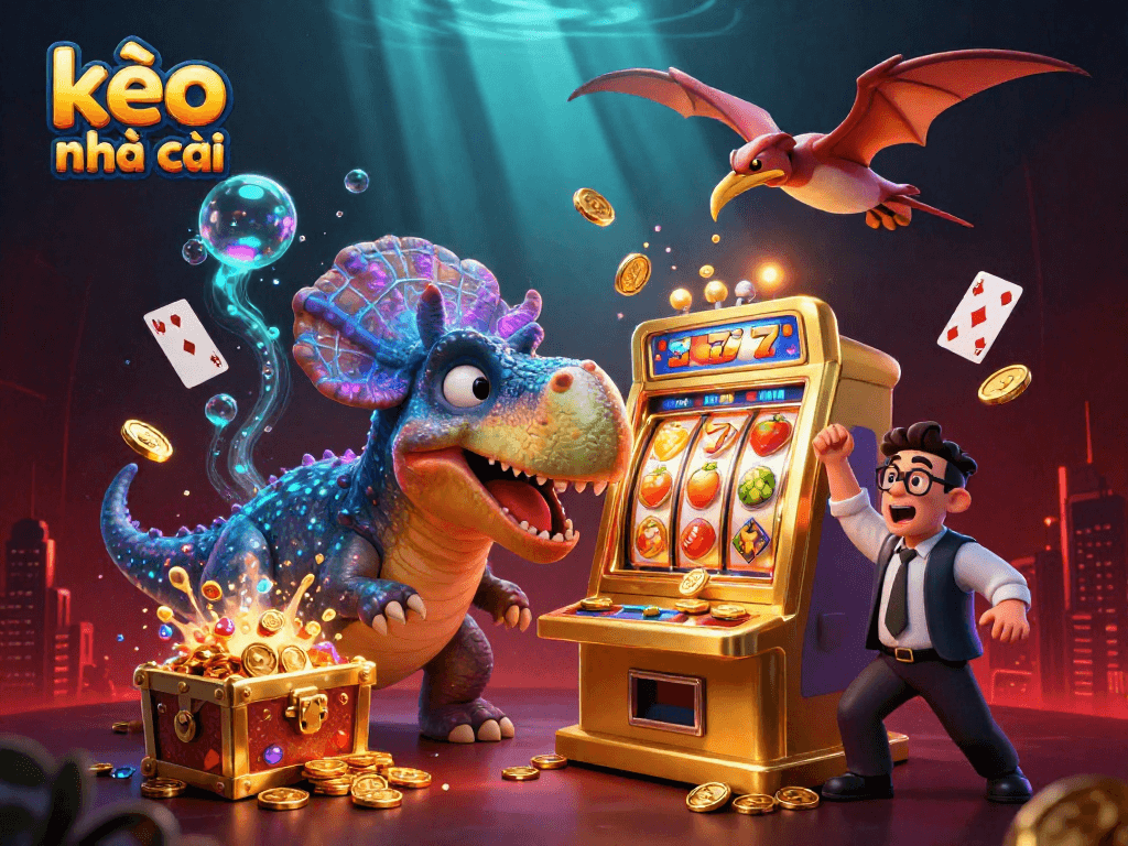 kèo nhà cái showcases a cartoon dinosaur winning jackpots at a casino scene with vibrant underwater treasures