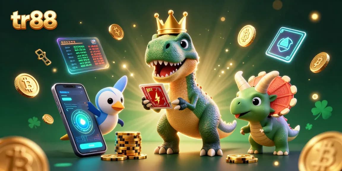 tr88 casino fun with a T-Rex shuffling cards and a baby triceratops stacking chips in a vibrant digital illustration