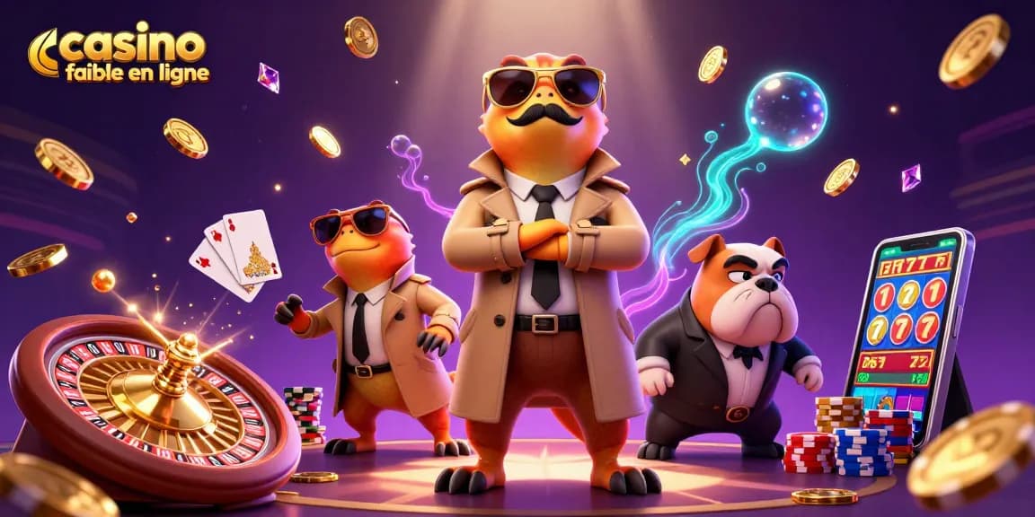 Visualisez une scène dynamique de casino fiable en ligne avec des rapaces en trench coat et un videur bulldog.