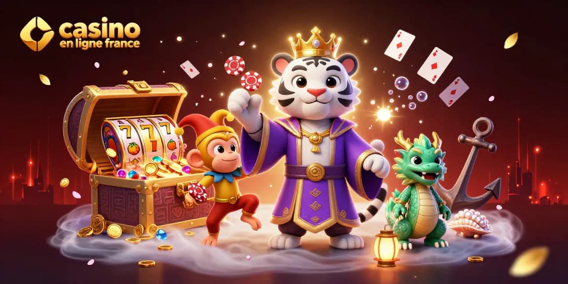 Illustration colorée du casino en ligne France avec un tigre, un singe, et une statue de dragon jouant ensemble.