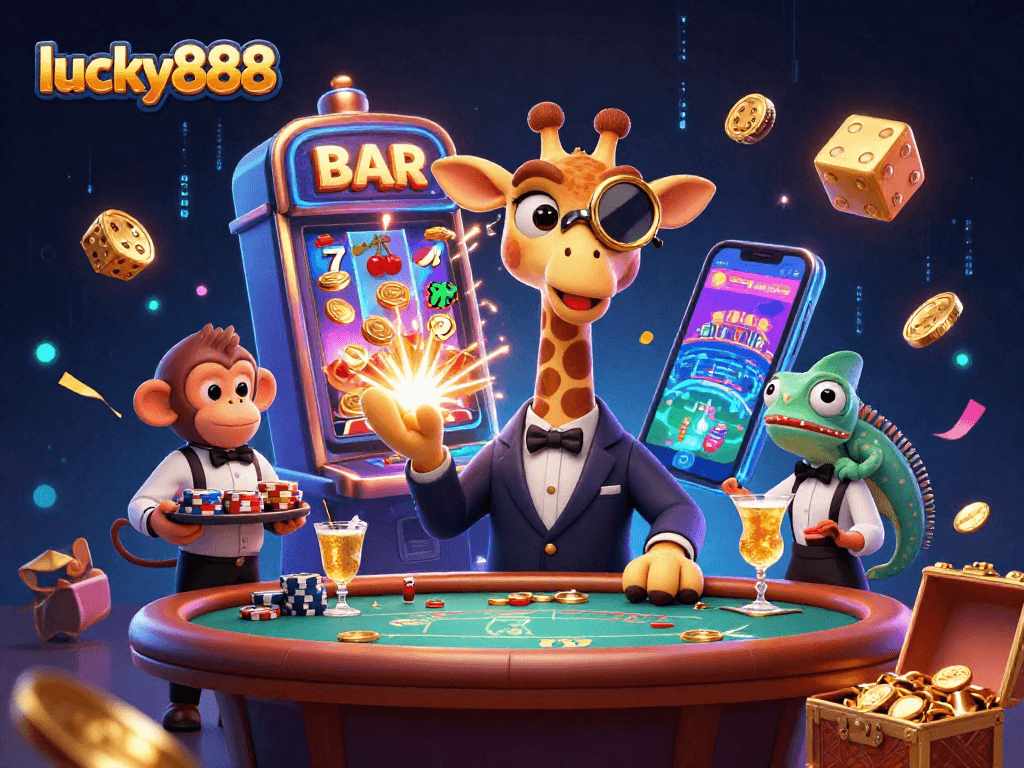 Experience vibrant action with lucky888 at a lively casino scene featuring dynamic characters and games.