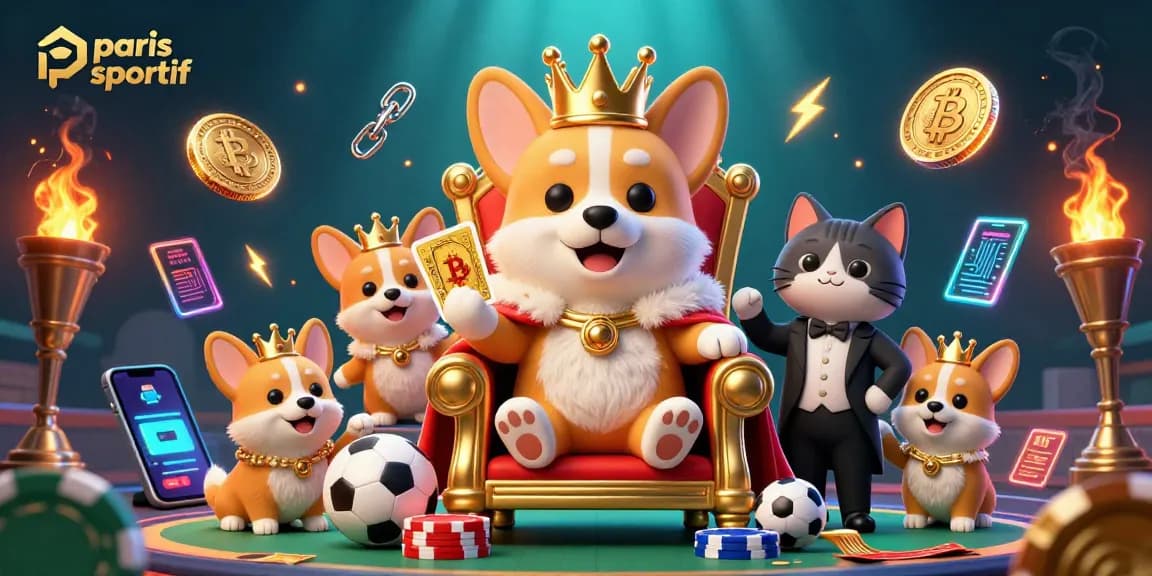 Les corgis royaux et le chat majordome présentent des paris sportifs dynamiques avec un décor coloré.