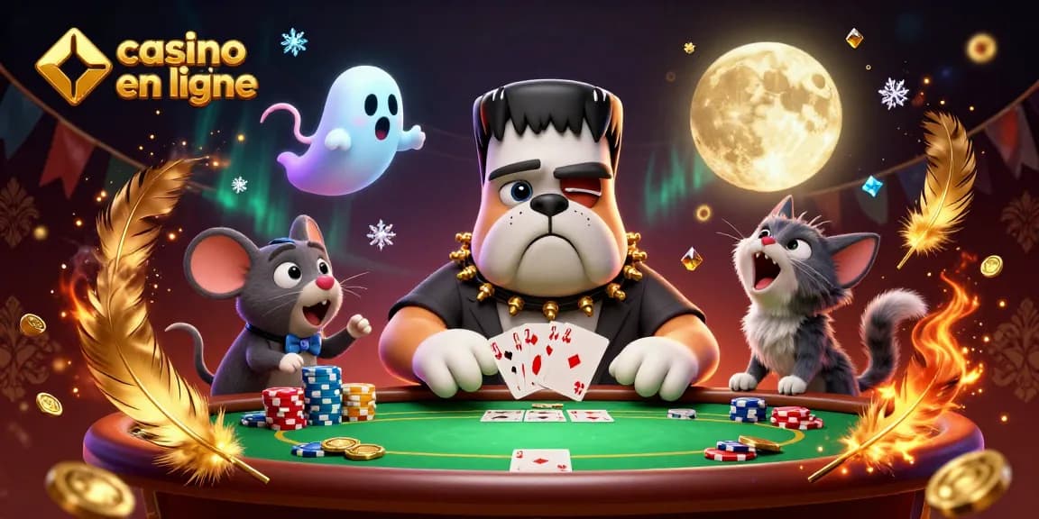 Jouez au casino fiable en ligne avec un dauphin et un puissant bulldog à une table de poker animée.