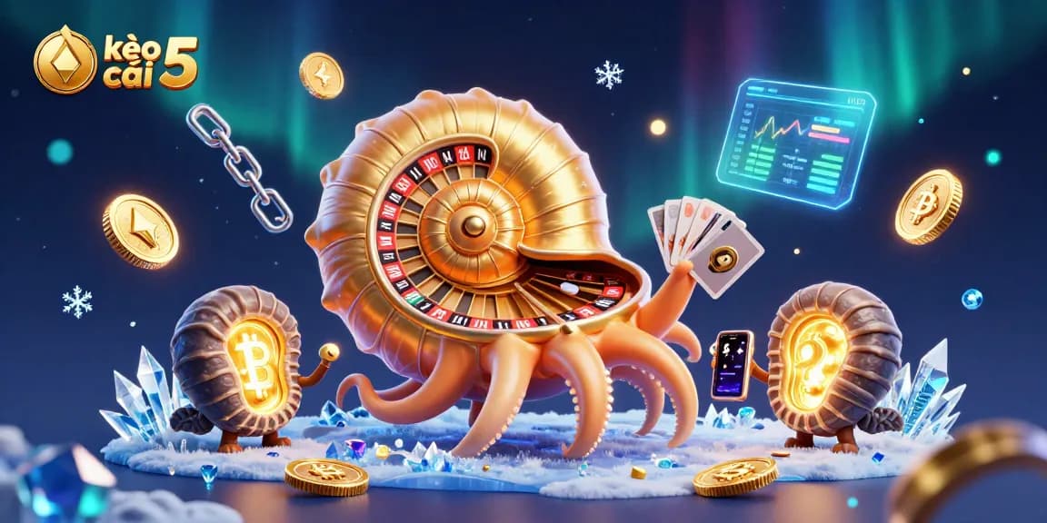 Experience kèo nhà cái 5 with a vibrant illustration of a giant nautilus roulette wheel surrounded by crypto elements.
