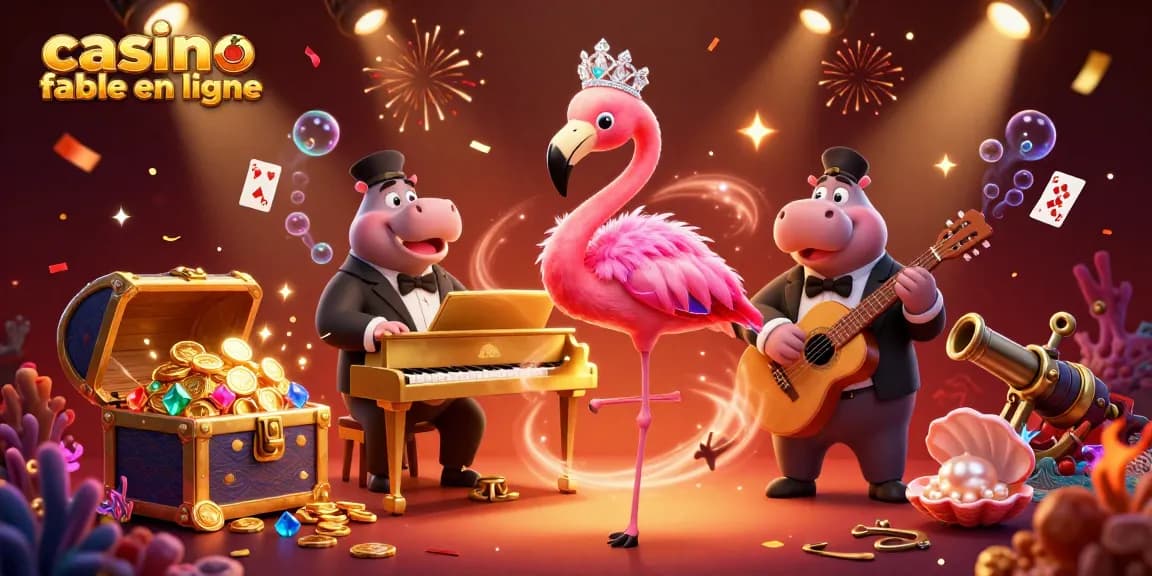Illustration de scène de casino fiable en ligne, représentant un flamant chanteur et un hippopotame musicien entourés de trésors et de cartes.