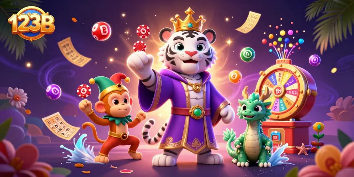 Engage in the exhilarating gaming experience at 123B with lively 3D characters and vibrant casino elements.
