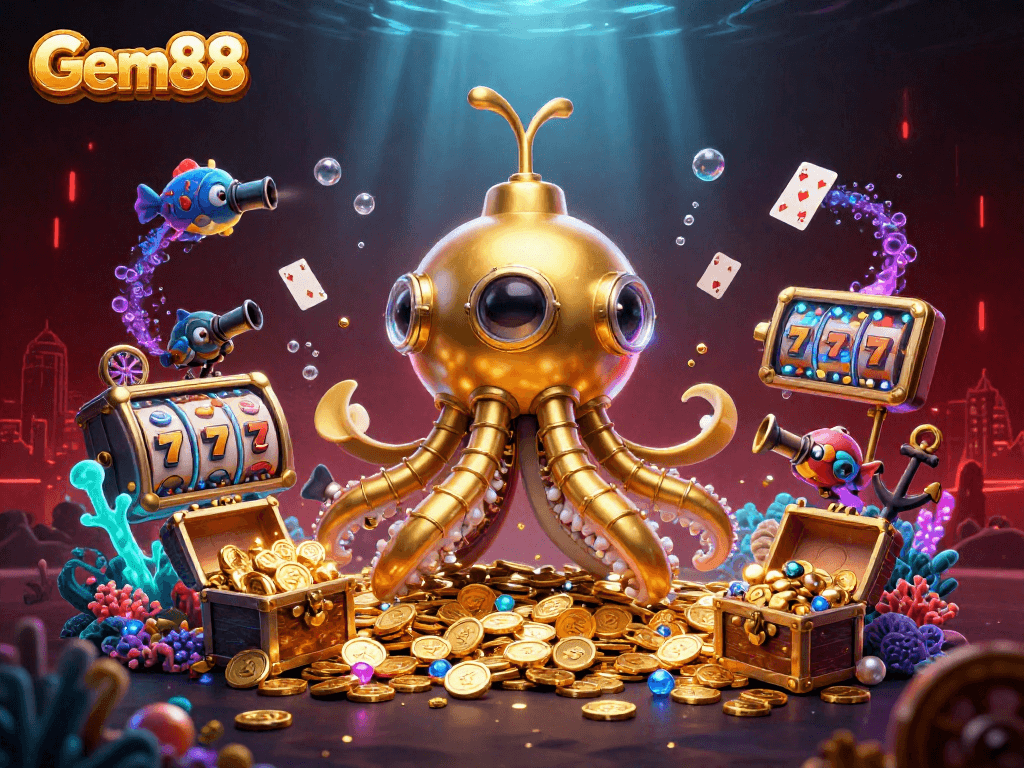 Gem88 showcases a vibrant underwater scene filled with slots and golden treasures, inviting players to explore.