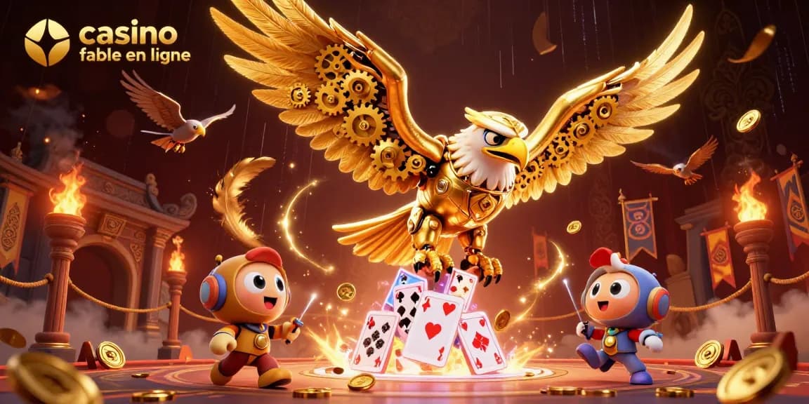 Visualisez le monde du casino fiable en ligne avec un aigle doré cybernétique plongé dans des jeux de cartes holographiques.