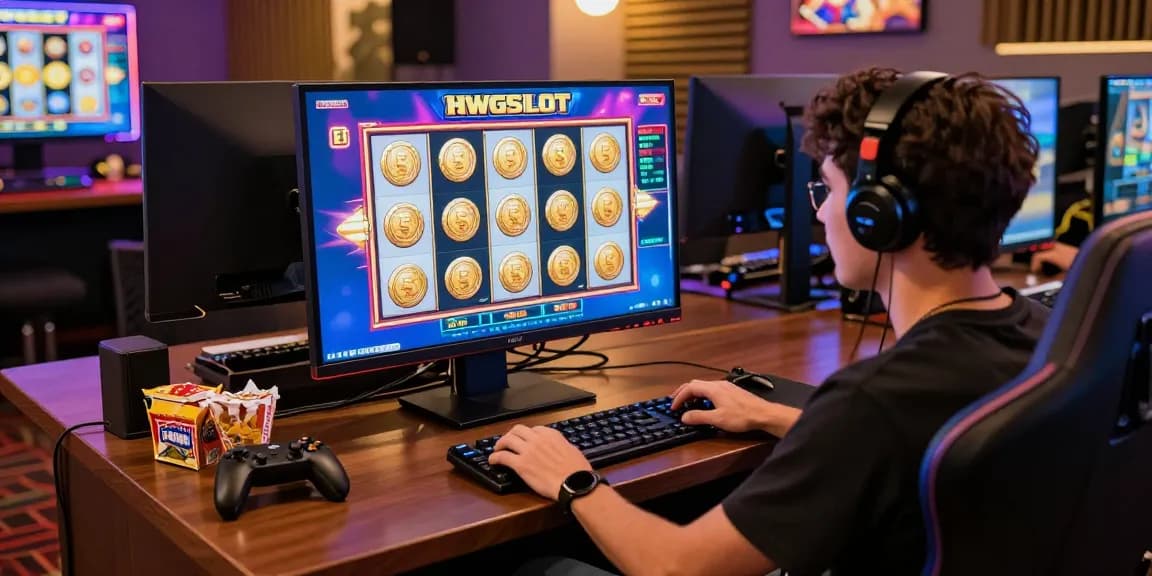 Exciting gaming atmosphere with HWGSLOT visible on screen, showcasing colorful slot reels and player engagement.