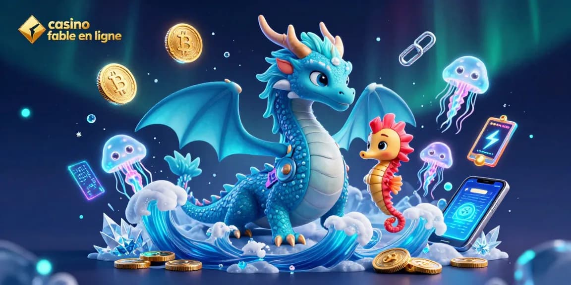 Jouez au casino fiable en ligne avec l'illustration d'un dragon azur et des éléments de crypto-monnaie.