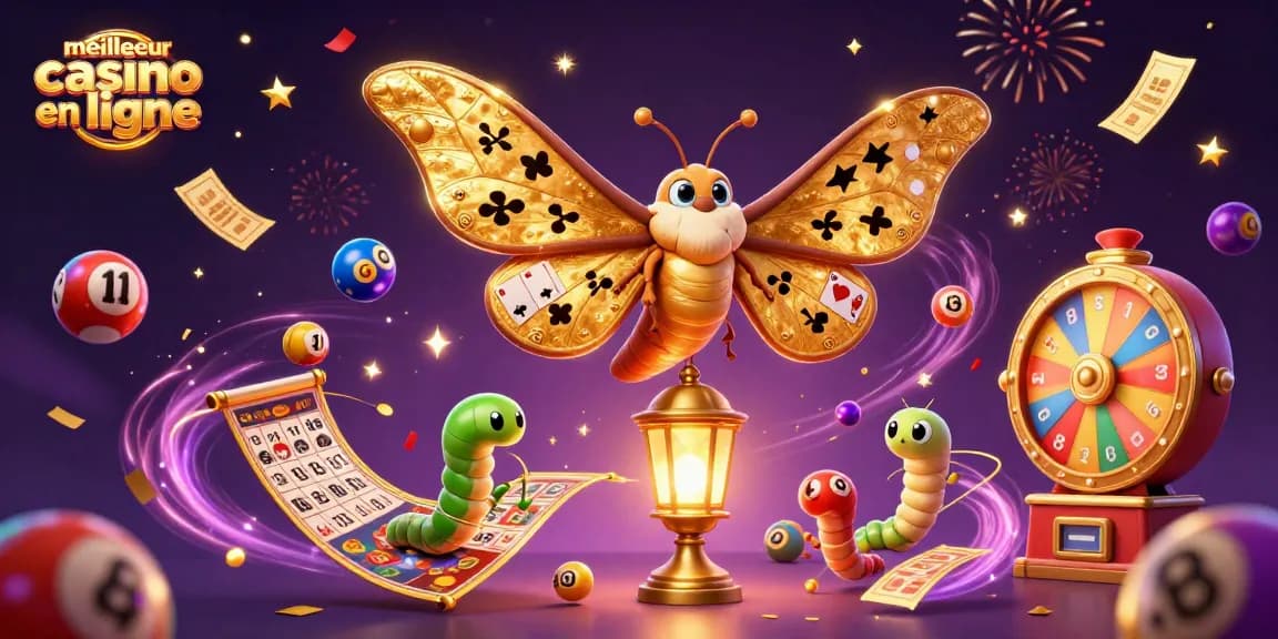 Le meilleur casino en ligne met en avant des jeux variés avec une ambiance festive illuminée par des effets dorés.