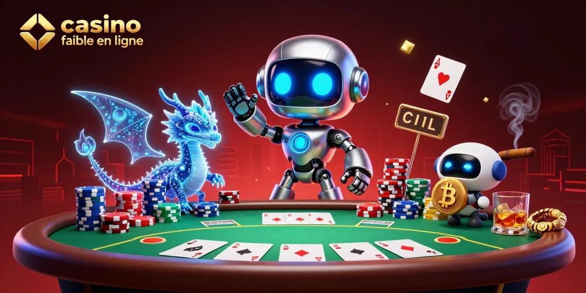 Lancez-vous dans l'univers d'un casino fiable en ligne avec des éléments de poker animés et un robot futuriste.