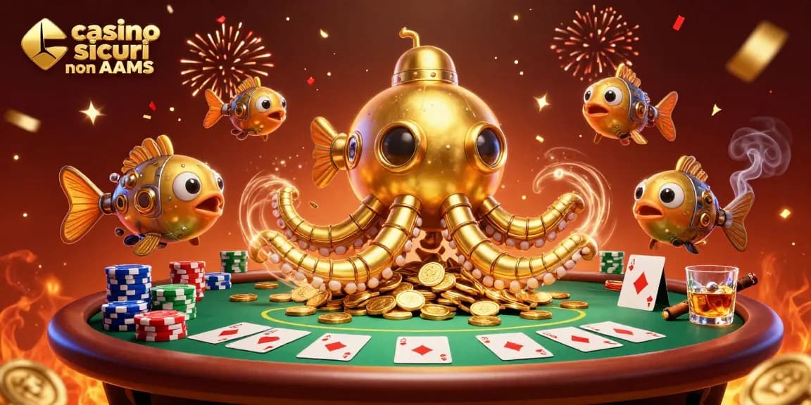 Gioca nei casino sicuri non AAMS con il Kraken d'oro e pesci meccanici tra pile di gettoni.