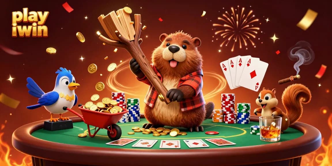 Play iwin while enjoying a vibrant casino scene with cartoon characters, poker elements, and gold coins.