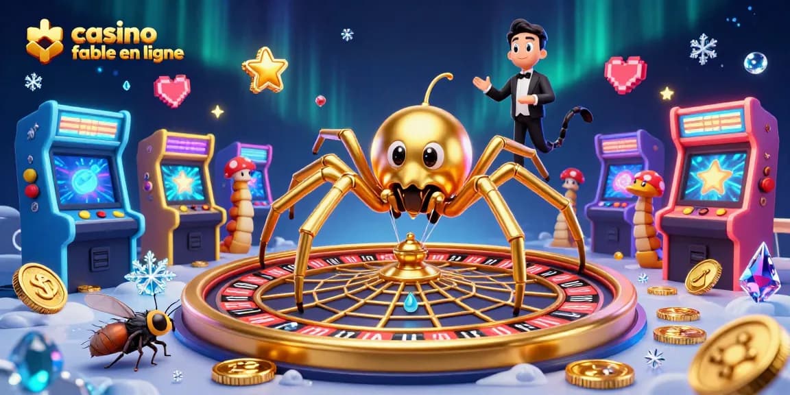 Illustration dynamique représentant un casino fiable en ligne avec une araignée dorée et un croupier centipède.