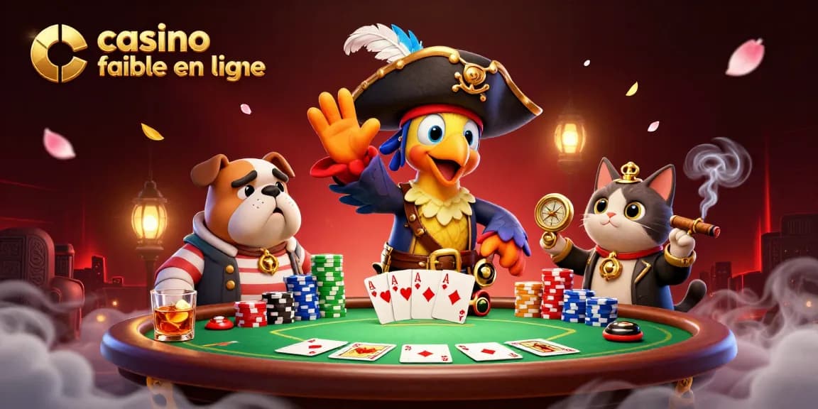 Illustration dynamique d'un casino fiable en ligne avec un perroquet pirate et un bulldog autour d'une table de poker.