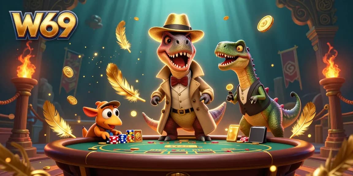 Experience W69's thrilling games with a velociraptor card counter, surrounded by excitement and action.