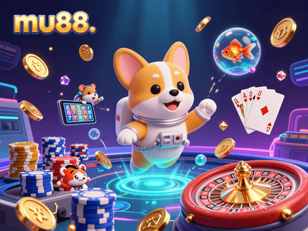 Engage with mu88. in a vibrant 3D casino scene featuring a floating corgi and dazzling game elements.