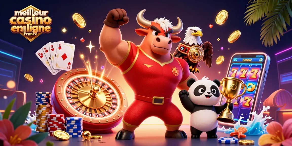 Découvrez le meilleur casino en ligne France avec un taureau musclé, un aigle et un panda, remplis de gains!