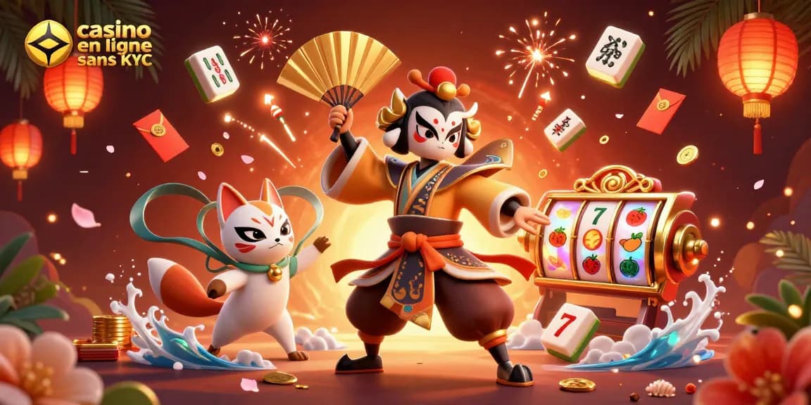 Illustration captivante représentant un guerrier kabuki et un kitsune masqué, pour un casino en ligne sans KYC.