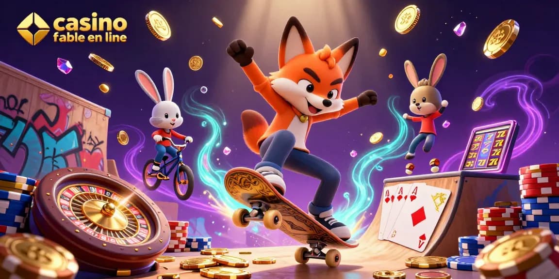Illustration dynamique d'un casino fiable en ligne avec un renard skateur et un lapin BMX