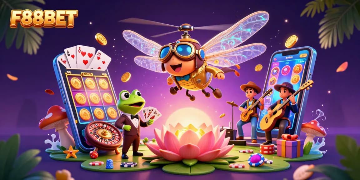 Engage in thrilling casino action at F88BET with a vibrant 3D illustration featuring exciting gaming elements.