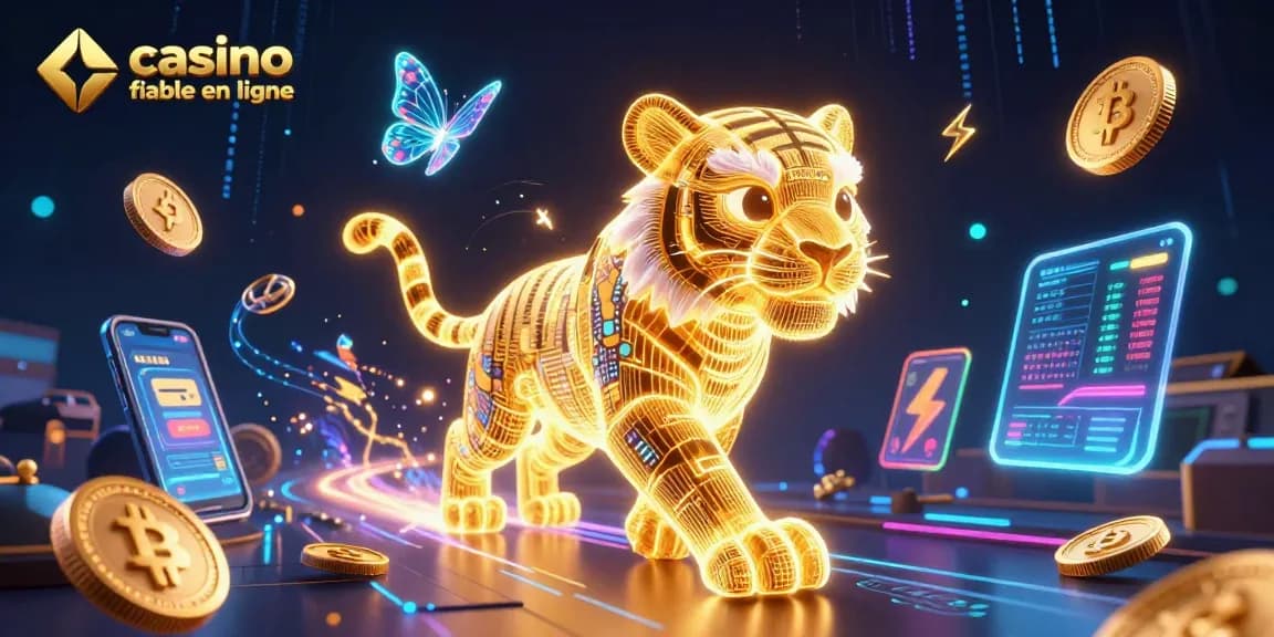 Jouez sur un casino fiable en ligne avec cette illustration 3D captivante, présentant un tigre lumineux et des pièces de crypto-monnaie.