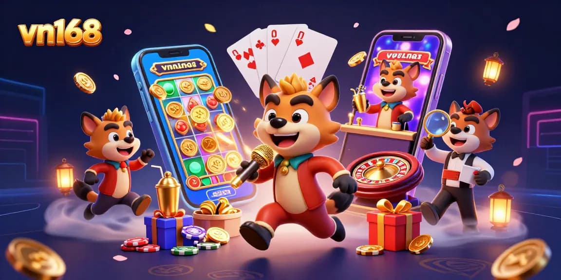 Win big at vn168 with hyena characters enjoying casino fun and exciting gaming elements.