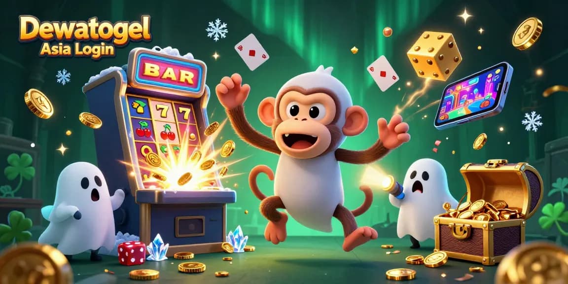 Dewatogel Asia Login showcases an exciting haunted casino scene with a mischievous monkey and ghost-hunter puppy.