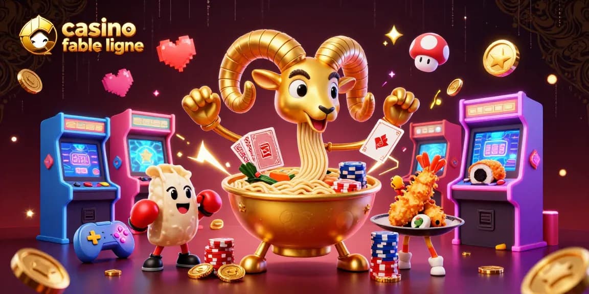 Découvrez un casino fiable en ligne avec un ramen géant et des personnages ludiques au milieu d'un décor vibrant.