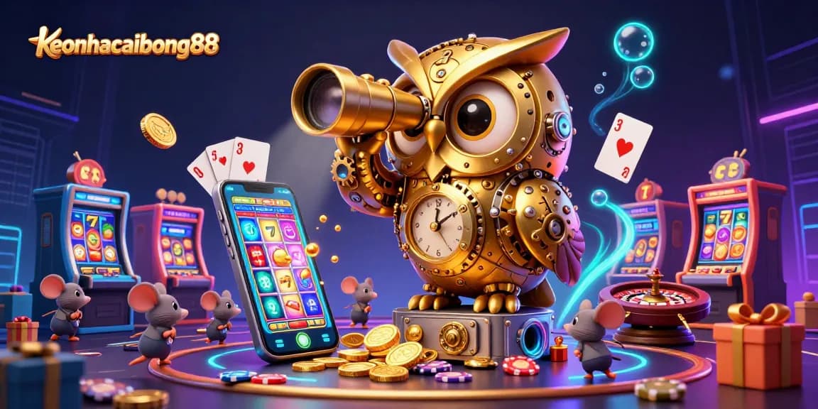 Engage in thrilling gameplay at keonhacaibong88, featuring a vibrant scene with a clockwork owl and slot machines.