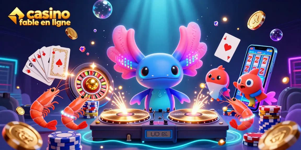 Admirez l'illustration d'un casino fiable en ligne avec un DJ axolotl et des créatures marines dans une ambiance dynamique.