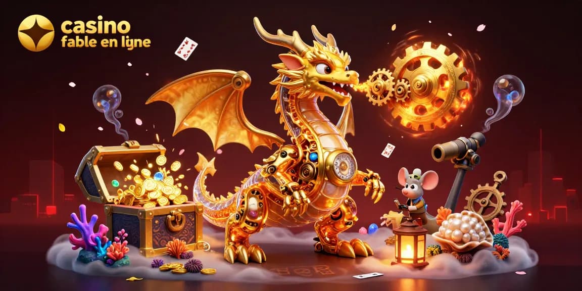 Illustration 3D de dragon doré mécanique pour casino fiable en ligne avec trésor et cartes volantes.